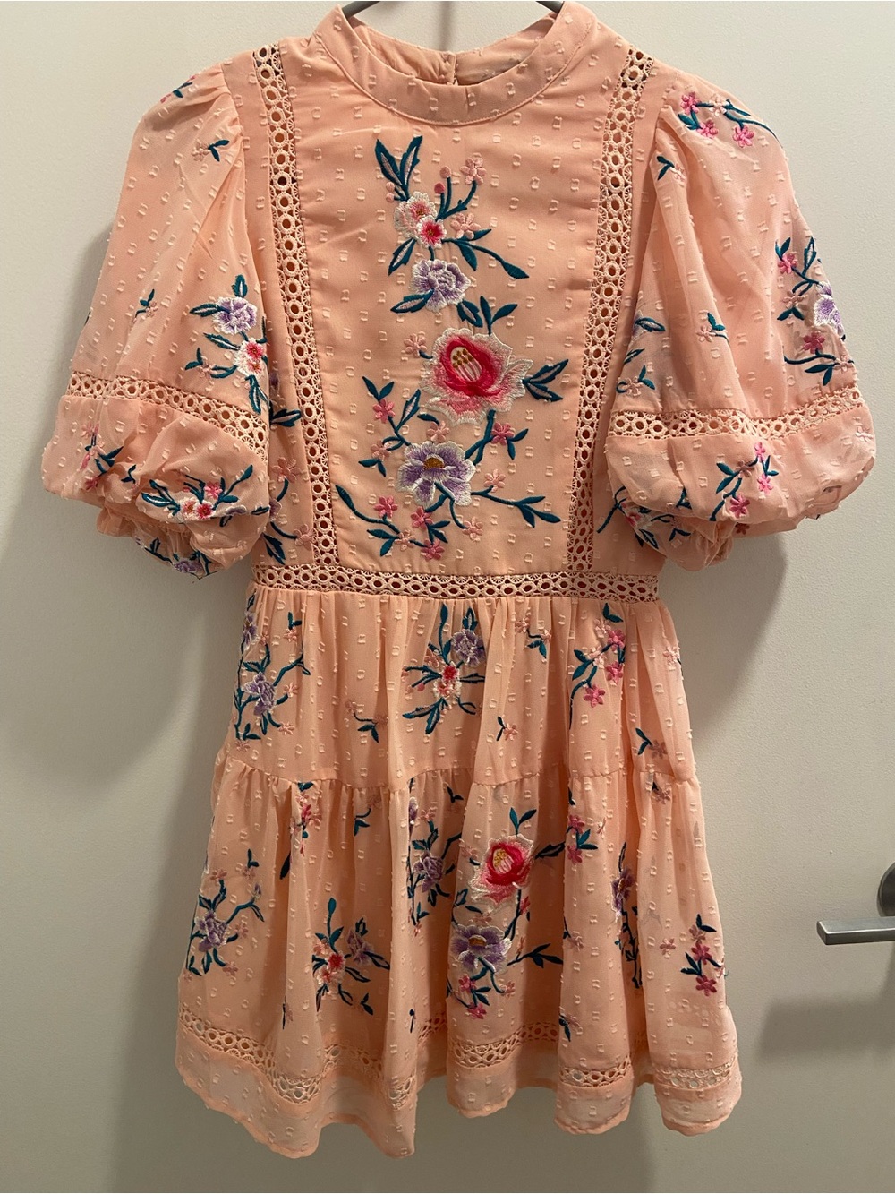 ASOS Peach Embroidered Floral Puff-Sleeve Mini Dress